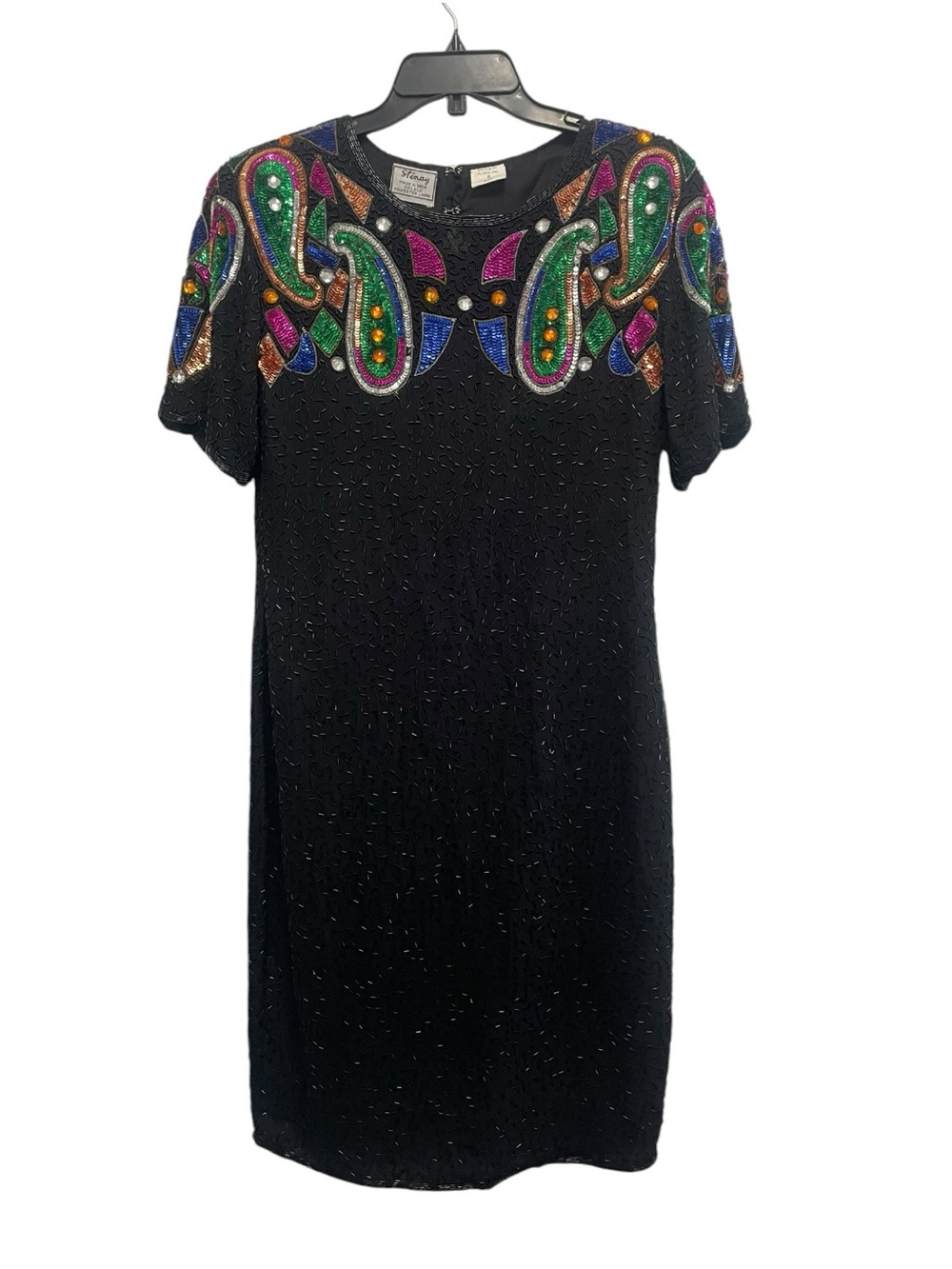 Vintage 80's STENAY 100% Silk Beaded Sequin Dress Black Paisley Metallic Size 6